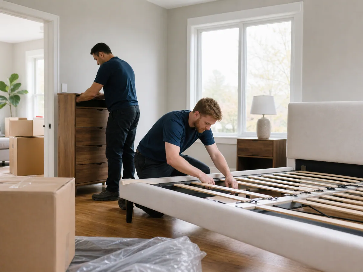 Mover assembling furniture in a new home