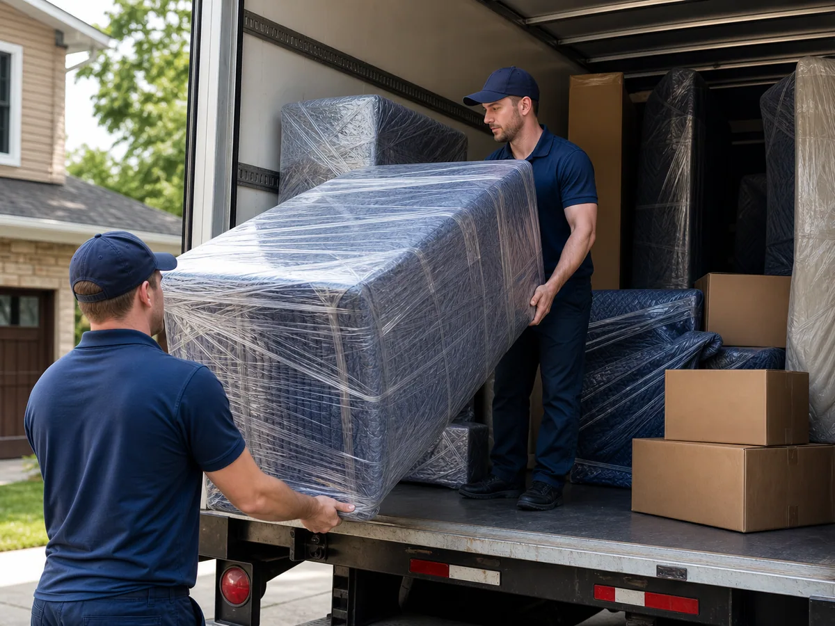 Movers loading wrapped furniture into a moving truck