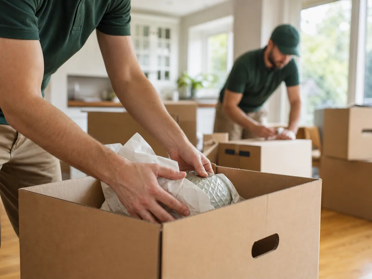 Mover carefully packing household belongings into boxes