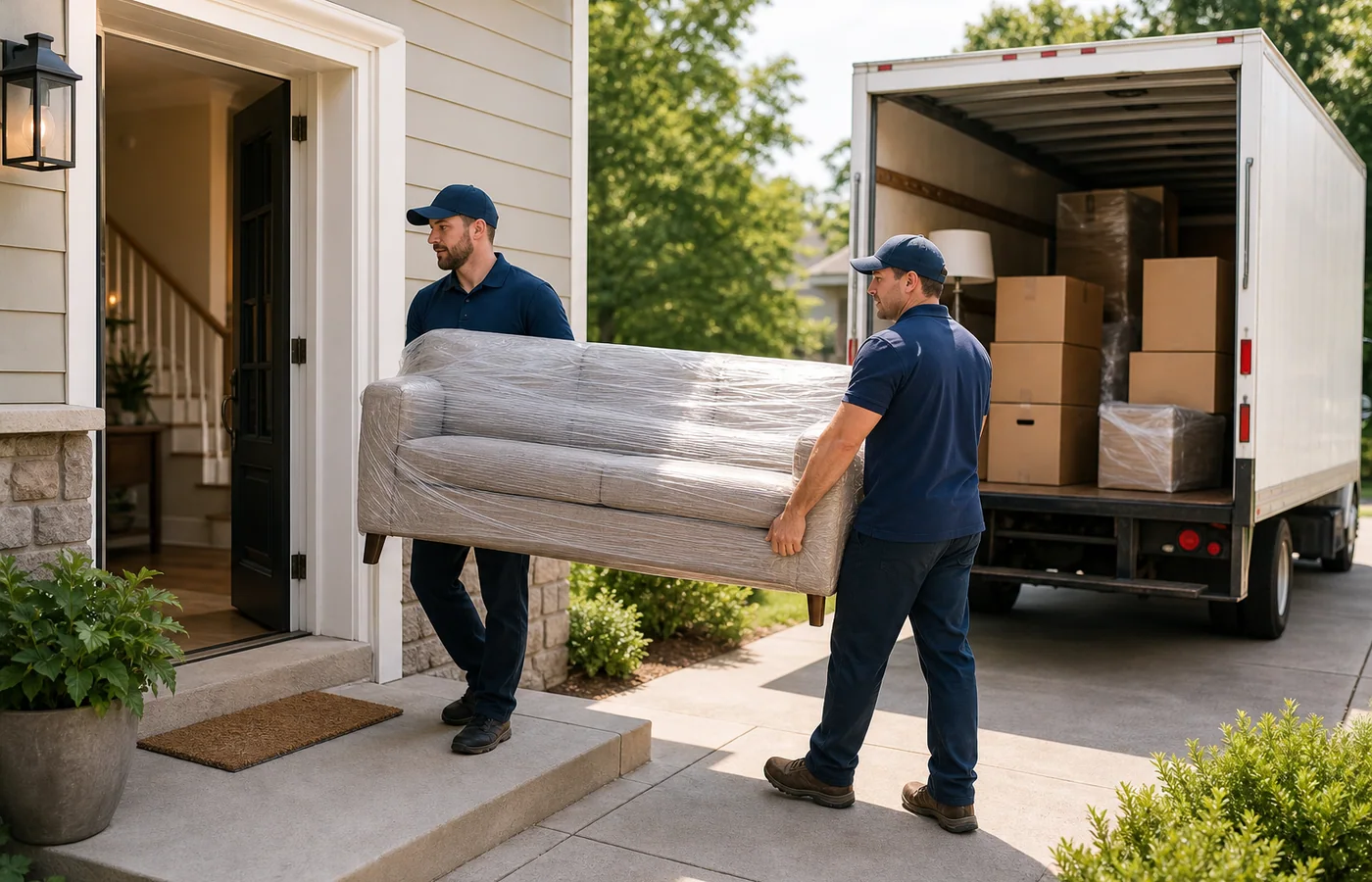 Movers unloading belongings at a new home